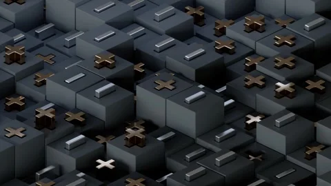 Dynamic Isometric Golden Silver Positive Negative Sign Cups on Black Cubes Loope Stock Footage 348519793