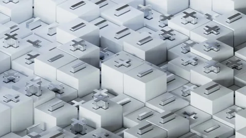 Dynamic Isometric Positive and Negative Sign Cups on White Cubes Looped 4K Stock Footage 348519852
