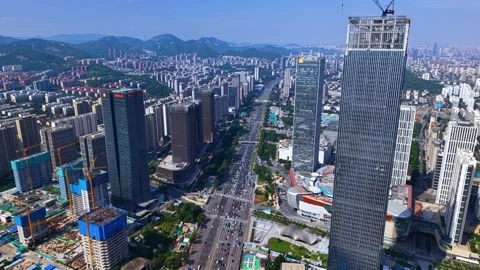 Dynamic Jinan CBD Aerial View with Skyscraper Construction Stock Footage 331228257