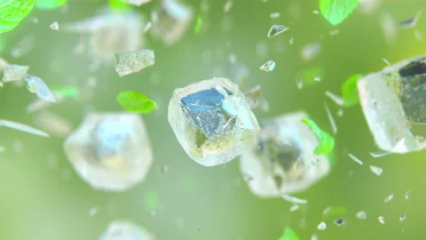 Dynamic jumping frosted ice cubes with mint leaves in 4K Stock Footage 147496745