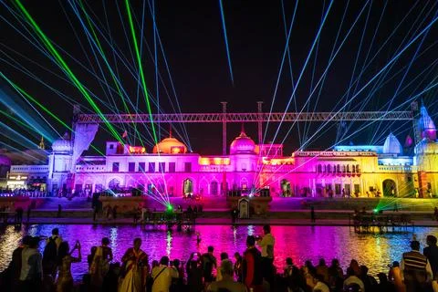 Dynamic Laser Projection Mapping Across Temple Buildings During Cultural Ce.. Stock Photos