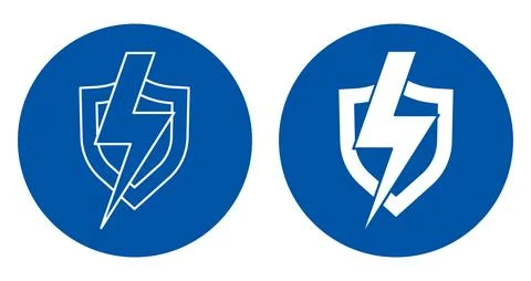 Dynamic Lightning Bolt Symbols with Shield Designs on Blue Backgrounds Stock Illustration