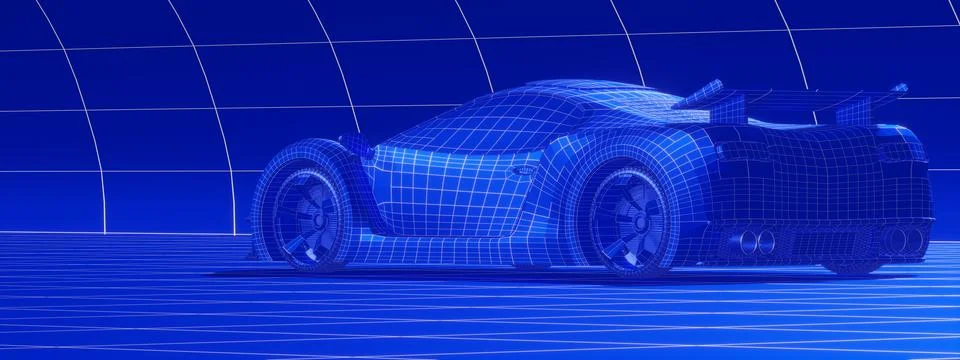 Dynamic Low Angle Wireframe Mesh of a Modern Car - 3d illustration Stock Illustration