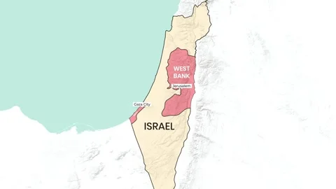 Dynamic Map Animation Displaying Israel, West Bank, Gaza, and City Labels Stock Footage 334796765