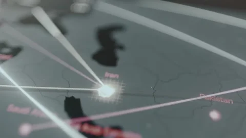 Dynamic map showing Iran as the focus of multiple cyberattacks from diverse Stock Footage 330239705