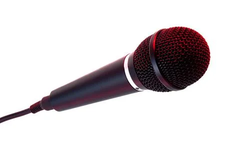 Dynamic microphone with black mesh highlighted in red light on white backgr.. Stock Photos