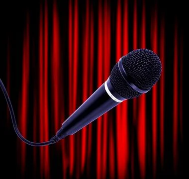 Dynamic Microphone in Front of Red Stage Curtains, Symbolizing Performance .. Stock Photos