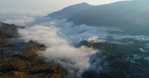 Dynamic mist over rice terrace fields Stock Footage 92674725