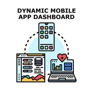 Dynamic mobile app dashboard connecting various devices Stock Illustration