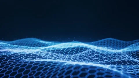 Dynamic motion of blue glowing hexagonal digital mesh representing futurist.. Video stock 327114380