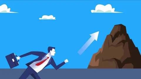 Dynamic motion of businessman with briefcase running towards mountain with .. Stockbeeldmateriaal 333898078