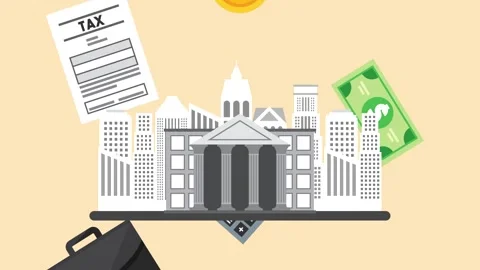 Dynamic motion of financial building with floating business elements like m.. Stock Footage 333430600