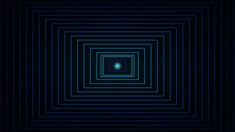 Dynamic motion of glowing blue and green squares in a tunnel-like digital e.. Stockbeeldmateriaal 342765939