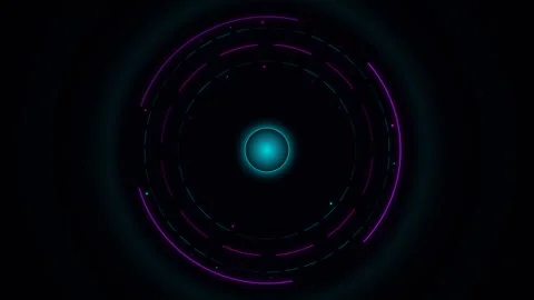 Dynamic motion of glowing blue circles in space with animated colorful ring.. Stockbeeldmateriaal 342647818