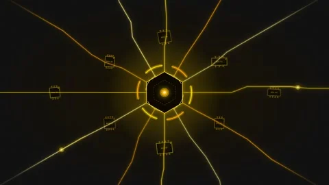 Dynamic motion of glowing yellow geometric shape with radiating lines in fu.. Stock Footage 342753361