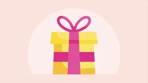 Dynamic motion graphic animation of a vibrant yellow gift box with a pink r.. Video stock 339046131