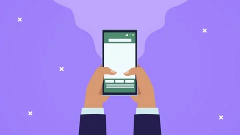 Dynamic motion graphic of hands using a smartphone on a vibrant purple back.. Vidéo 333896813
