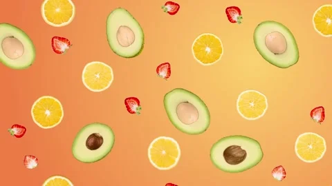 Dynamic Motion Graphic of Mixed Healthy Fruits on Vibrant Orange Gradient Video stock 334708312