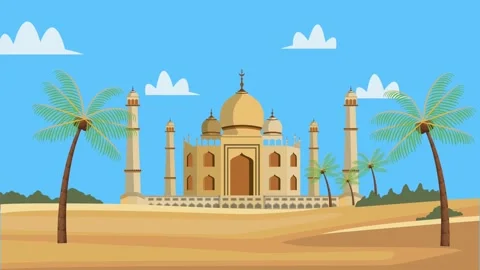 Dynamic motion graphic of taj mahal in desert with animated clouds and wavi.. Video stock 339059739