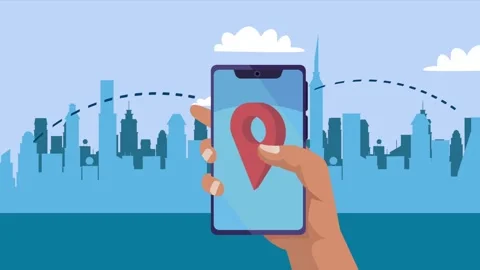 Dynamic motion graphics animation of hand holding smartphone with gps locat.. Video stock 333719498