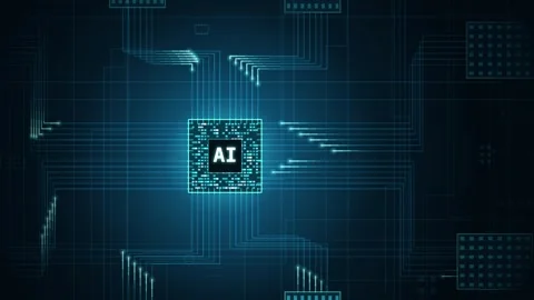 Dynamic motion graphics featuring a central CPU chip with glowing AI text surrou Stock Footage 340440568