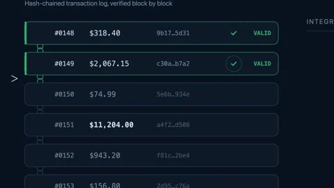Dynamic motion graphics illustrating a ledger integrity check with a hash chain Stock-Footage 339303090