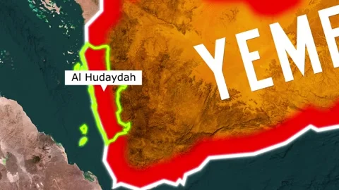 Dynamic motion graphics map highlighting Yemen and its capital city Al Hudaydah Stock Footage 346269924