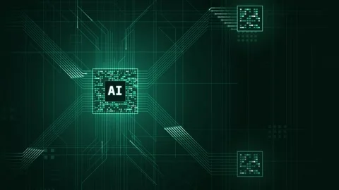 Dynamic motion graphics showcasing a glowing CPU chip at the center with AI text Stock Footage 340440590