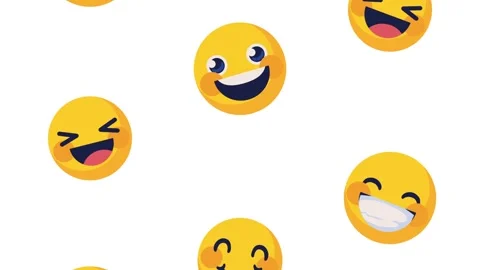 Dynamic motion of multiple happy emoji faces floating and smiling on white .. Stock Footage 333722796