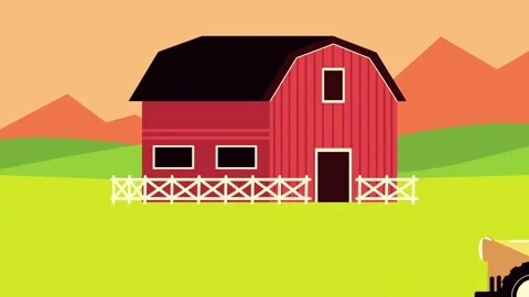 Dynamic motion of red barn house in green field background with mountains m.. Stock Footage 333606733