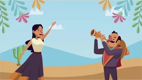 Dynamic motion of two mexican characters a mariachi playing trumpet with a .. 動画素材 339047511