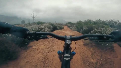 Dynamic Mountain Biker Navigating Rough Trail in Overcast Conditions Stock Footage 323835037