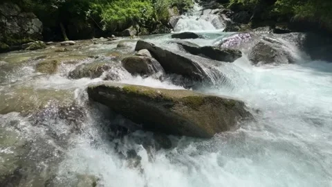 Dynamic Mountain River with Waterfalls and Rapids in the Austrian Alps Stock Footage 333204885