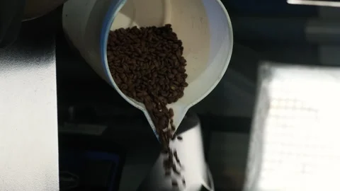 Dynamic movement of roasted coffee beans from plastic pitcher Video stock 317096866