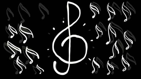 Dynamic music notes and white treble clef on black screen. Doodle style musical Stock Footage 329391078