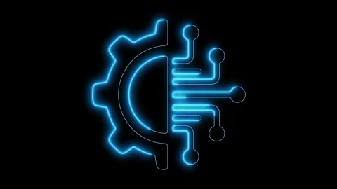 Dynamic neon blue circuit board and gear merge, symbolizing innovation, Stock Footage 320982572