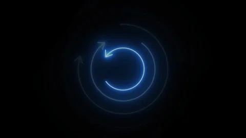 Dynamic neon blue refresh arrow icon animation on a dark background represe.. 库存影片 345150654