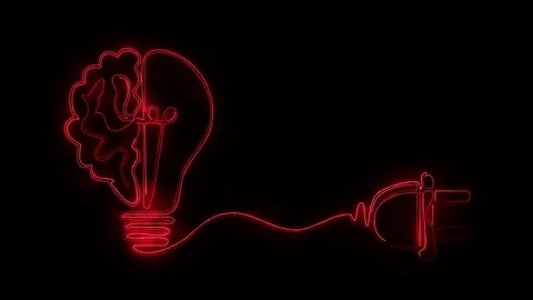 Dynamic neon brain lightbulb connected to power plug electric idea concept .. Stock Footage 338012883