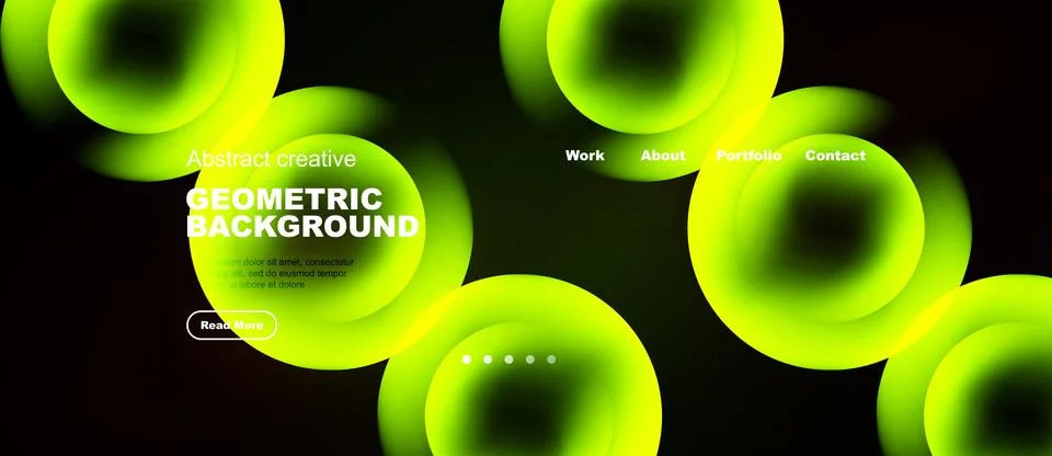 Dynamic neon circles over black backdrop. Website header includes navigation Ilustração Stock