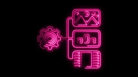 Dynamic neon gear system processing data streams creating vibrant visual outputs Stock Footage 320982682