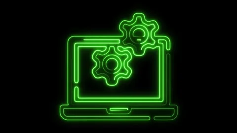 Dynamic neon gears rotating within a sleek laptop outline symbolizing digital Stock Footage 320982674