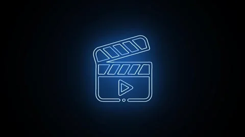 Dynamic neon glowing line animation of a movie clapperboard icon on a sleek.. Stock Footage 345548145