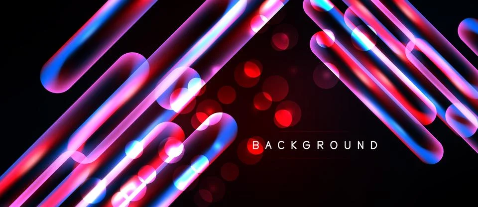 Dynamic neon lines, circles over black background. Vibrant colors create Stock Illustration