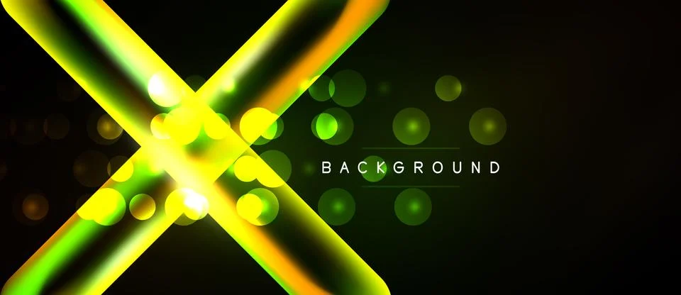 Dynamic neon lines form abstract X shape. Bright glowing circles overlay dark Stock Illustration