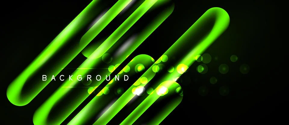 Dynamic neon lines, glowing circles over black backdrop. Modern abstract de.. Stock Illustration