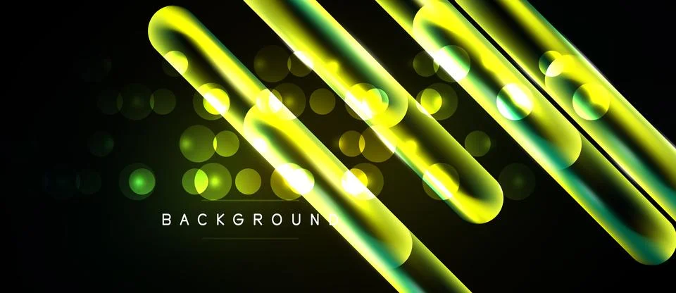 Dynamic neon lines, glowing orbs over black backdrop. Modern design, vibrant Stock Illustration