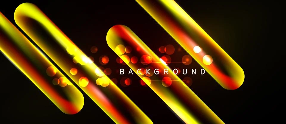 Dynamic neon lines over black backdrop. Vibrant orange, yellow gradients crea Stock Illustration