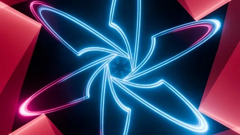 Dynamic neon spiral formations spinning in a vibrant digital space at night Stock Footage 292095464