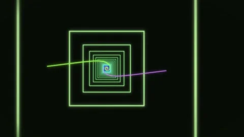 Dynamic neon spiral pattern with glowing squares in black background Stock Footage 337075442