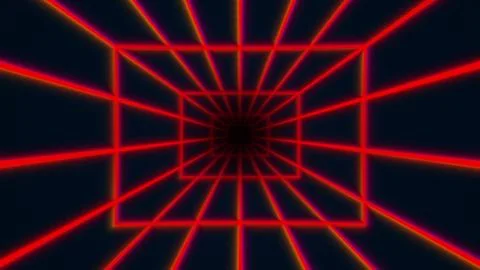Dynamic neon tunnel with red grid pattern. Stock Illustration